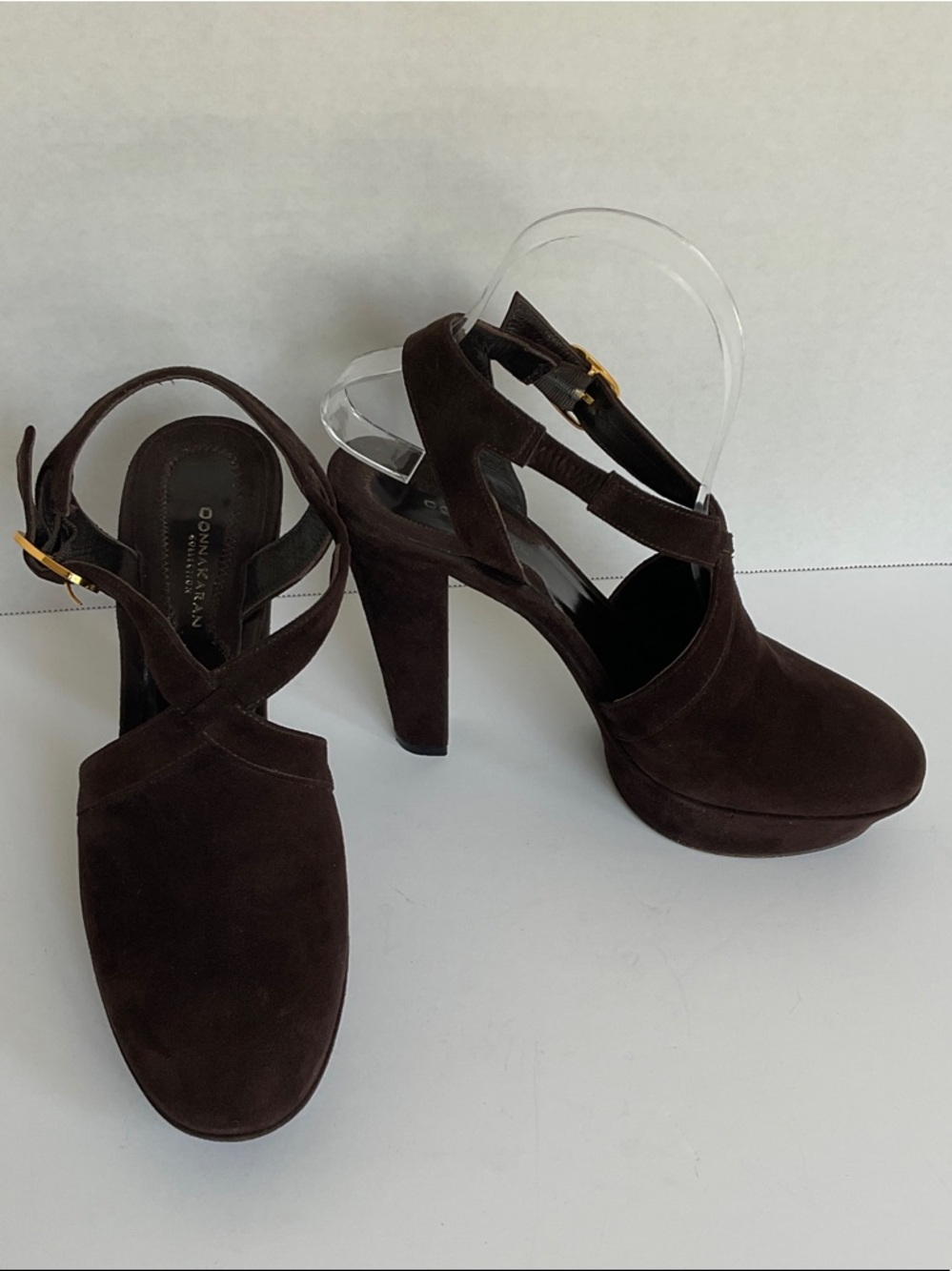 Donna Karan Brown Suede Crisscross Platform Heels